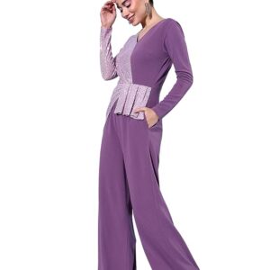 Women's V-Neck Full Sleeve Embellished Asymmetric Regular Length Polyester Jumpsuit with Pockets