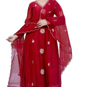 Women Embroidery Solid Anarkali Kurta and Pant Set with Dupatta