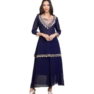 DEEBACO Solid Georgette Kurti & Sharara with Printed Satin Inner Top Indo Western Set for Women's|Deep V Neck 3/4 Straight Sleeves Relaxed Fit Cord Set|Ladies Fusion Wear