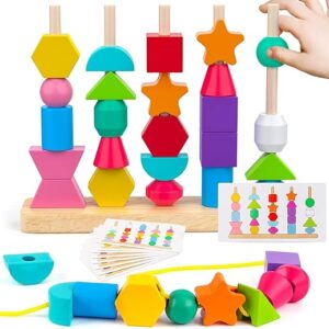 Wooden Beads Sequencing Toy Set | Montessori Lacing & Stacking Toy for Kids 2-5 | Color & Shape Matching Educational Fine Motor Skills Learning Toy | 22 Pcs Blocks and 10 pcs Cards