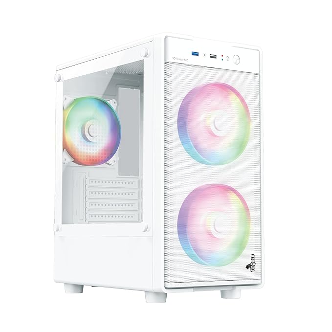 FINGERS 3D-Vision-M2 Micro-ATX PC Cabinet (M-ATX/Mini-ITX, 3D Glass Panels, Dual Chamber, 3 x ARGB Fans, Magnetic Dust Filter & Premium Metal Build), Rich White
