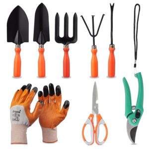 Amazon Brand - Solimo 8-Piece Gardening Tool Kit | Cultivator, Fork, Trowels, Weeder, Garden Gloves, Pruner Cutter, and Scissor | Gardening Tools Set for Home Gardens